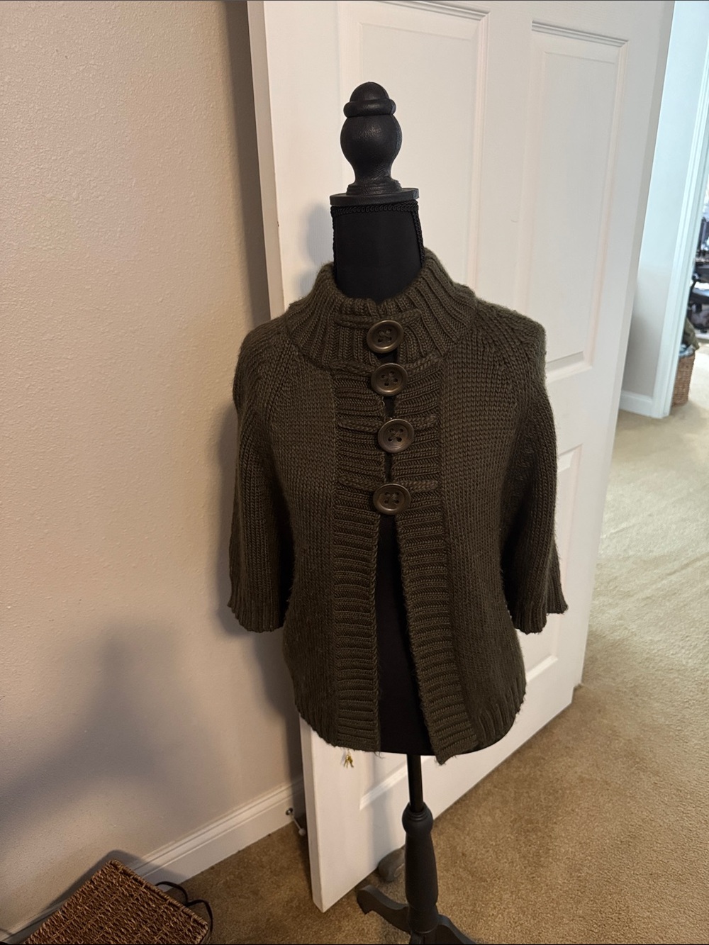 Short-Sleeve Olive Knit Button-Up Cardigan